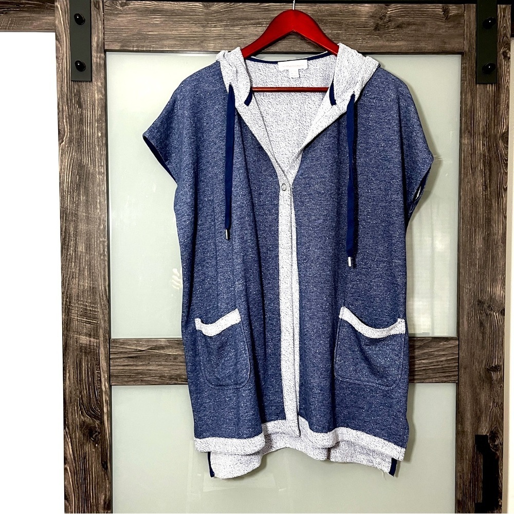 Stan Herman Lagenlook  Blue Hooded Vest with Pockets Raw Hem Boxy OS